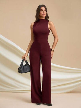 SHEIN Tall جمبسوت أنيقة بدون أكمام مطوية باللون الأسود الداكن، جذابة وعملية للارتداء اليومي، المواعيد، الخروجات، الحفلات، التجمعات - جمبسوت ذات ساق واسعة غير متماثلة، مناسبة لعيد الحب، الارتداء اليومي، النساء الطويلات