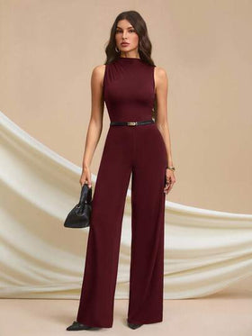 SHEIN Tall جمبسوت أنيقة بدون أكمام مطوية باللون الأسود الداكن، جذابة وعملية للارتداء اليومي، المواعيد، الخروجات، الحفلات، التجمعات - جمبسوت ذات ساق واسعة غير متماثلة، مناسبة لعيد الحب، الارتداء اليومي، النساء الطويلات