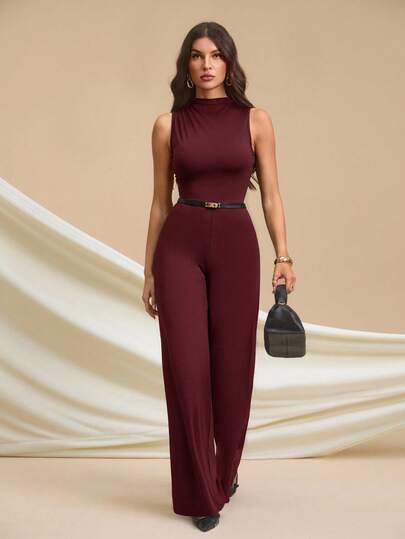 SHEIN Tall جمبسوت أنيقة بدون أكمام مطوية باللون الأسود الداكن، جذابة وعملية للارتداء اليومي، المواعيد، الخروجات، الحفلات، التجمعات - جمبسوت ذات ساق واسعة غير متماثلة، مناسبة لعيد الحب، الارتداء اليومي، النساء الطويلات