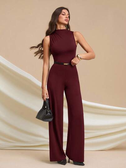 SHEIN Tall جمبسوت أنيقة بدون أكمام مطوية باللون الأسود الداكن، جذابة وعملية للارتداء اليومي، المواعيد، الخروجات، الحفلات، التجمعات - جمبسوت ذات ساق واسعة غير متماثلة، مناسبة لعيد الحب، الارتداء اليومي، النساء الطويلات