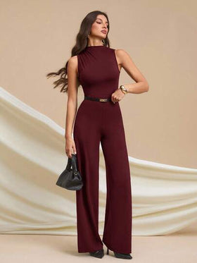 SHEIN Tall جمبسوت أنيقة بدون أكمام مطوية باللون الأسود الداكن، جذابة وعملية للارتداء اليومي، المواعيد، الخروجات، الحفلات، التجمعات - جمبسوت ذات ساق واسعة غير متماثلة، مناسبة لعيد الحب، الارتداء اليومي، النساء الطويلات