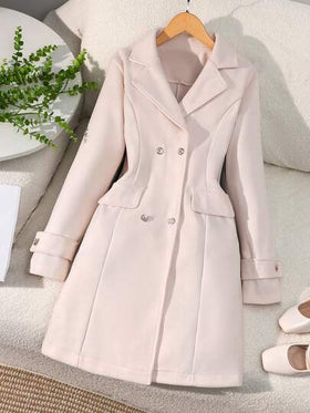 SHEIN معطف صوفي مزدوج الصدر أنيق مع خصر مشدود للفتيات المراهقات، متعدد الاستخدامات للتنقل