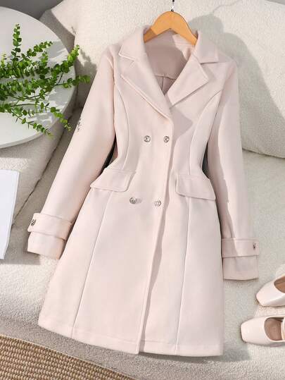 SHEIN معطف صوفي مزدوج الصدر أنيق مع خصر مشدود للفتيات المراهقات، متعدد الاستخدامات للتنقل