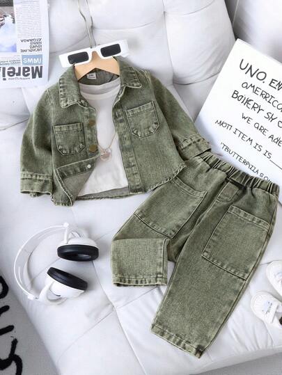 SHEIN قميص أزرق مغسول بأسلوب شارع عصري مع بنطلون للأطفال الرضع (الأولاد)، ربيع/خريف