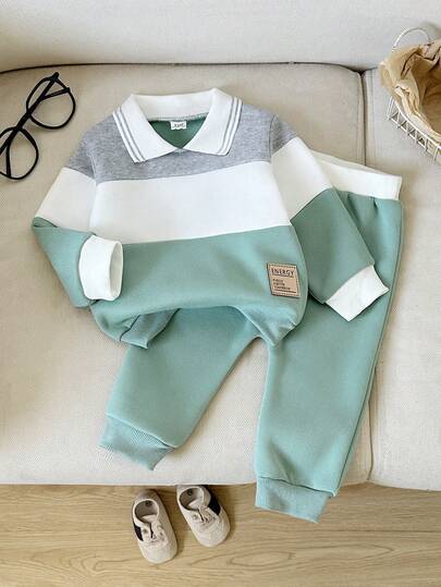 SHEIN Playful Pals طقم بلوزة بولو مطرزة بحرف وبنطلون رياضي للأطفال الرضع، طراز بريبي، جميل وأنيق، مناسب للأطفال في فصلي الخريف والشتاء للخروجات والتصوير الفوتوغرافي والحفلات وما إلى ذلك