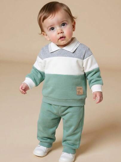 SHEIN Playful Pals طقم بلوزة بولو مطرزة بحرف وبنطلون رياضي للأطفال الرضع، طراز بريبي، جميل وأنيق، مناسب للأطفال في فصلي الخريف والشتاء للخروجات والتصوير الفوتوغرافي والحفلات وما إلى ذلك