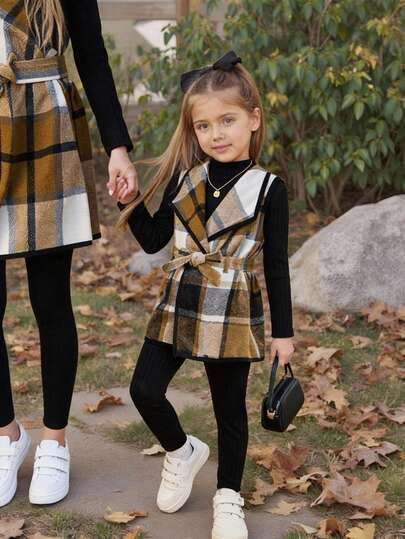 Emery Rose Kids Emery Rose Kids 3 قطع طقم بنات موضة حضرية: جاكيت مربعات، تي شيرت بأكمام طويلة، وبنطلون، مناسب للخروجات اليومية والتجمعات والحفلات والعطلات في فصلي الخريف والشتاء