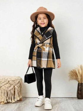 Emery Rose Kids Emery Rose Kids 3 قطع طقم بنات موضة حضرية: جاكيت مربعات، تي شيرت بأكمام طويلة، وبنطلون، مناسب للخروجات اليومية والتجمعات والحفلات والعطلات في فصلي الخريف والشتاء