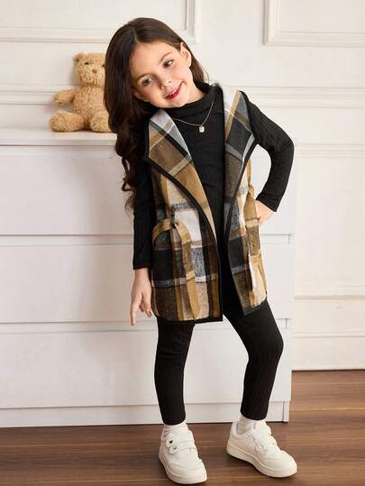 Emery Rose Kids Emery Rose Kids 3 قطع طقم بنات موضة حضرية: جاكيت مربعات، تي شيرت بأكمام طويلة، وبنطلون، مناسب للخروجات اليومية والتجمعات والحفلات والعطلات في فصلي الخريف والشتاء