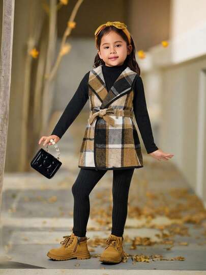 Emery Rose Kids Emery Rose Kids 3 قطع طقم بنات موضة حضرية: جاكيت مربعات، تي شيرت بأكمام طويلة، وبنطلون، مناسب للخروجات اليومية والتجمعات والحفلات والعطلات في فصلي الخريف والشتاء