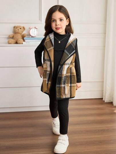 Emery Rose Kids Emery Rose Kids 3 قطع طقم بنات موضة حضرية: جاكيت مربعات، تي شيرت بأكمام طويلة، وبنطلون، مناسب للخروجات اليومية والتجمعات والحفلات والعطلات في فصلي الخريف والشتاء
