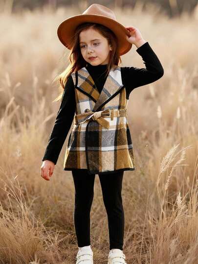 Emery Rose Kids Emery Rose Kids 3 قطع طقم بنات موضة حضرية: جاكيت مربعات، تي شيرت بأكمام طويلة، وبنطلون، مناسب للخروجات اليومية والتجمعات والحفلات والعطلات في فصلي الخريف والشتاء