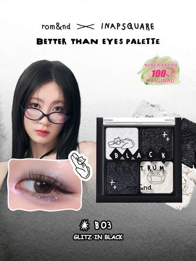 Rom&nd باليت ظلال العيون B03 GLITZ IN BLACK، باليت ظلال العيون الأساسية، 4 ظلال طبيعية للاستخدام اليومي، من X INAPSQUARE، ملمس مخملي، سهل الامتزاج، لون قوي، إنهاء مطفي ولامع، أداء لوني عالي، طويل الأمد، مكياج كوري، مستحضرات تجميل كورية، هدية