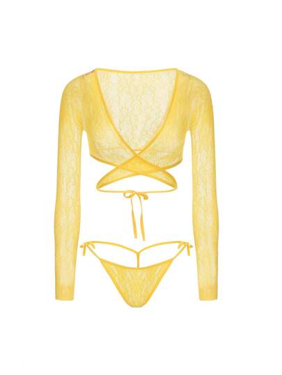 SHEIN مجموعة ملابس داخلية نسائية جذابة قطعتين، توب محصور شبكي شبه شفاف عالي المرونة وسروال أمامي مربوط، مناسب للحفلات والتجمعات والنوادي الليلية