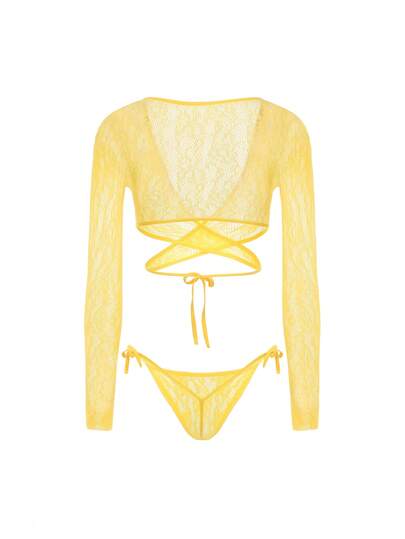 SHEIN مجموعة ملابس داخلية نسائية جذابة قطعتين، توب محصور شبكي شبه شفاف عالي المرونة وسروال أمامي مربوط، مناسب للحفلات والتجمعات والنوادي الليلية