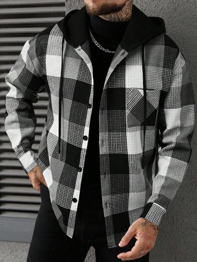 Manfinity Homme سترة كاجوال مقلمة بقلنسوة للرجال، خريف/شتاء