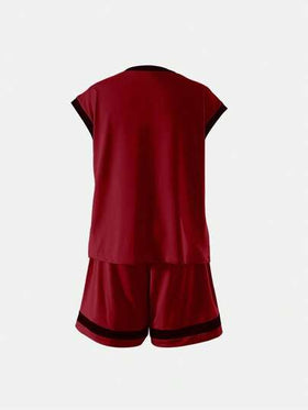 SHEIN Genkimix Kids مجموعة من قميص وشورت كاجوال رياضي يومي للأولاد، قميص بياقة مستديرة وأكمام قصيرة مطبوع عليه حرف، وشورت بخصر مطاطي فضفاض مطبوع عليه حرف، بدلة كرة السلة الصيفية، 2 قطعة