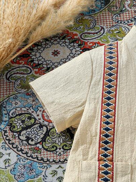SHEIN رمضان مجموعة قميص أكمام قصيرة طوق ماندرين وبنطلون مطابق للأطفال الرضع الجنسين، لون بيج