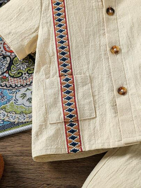 SHEIN رمضان مجموعة قميص أكمام قصيرة طوق ماندرين وبنطلون مطابق للأطفال الرضع الجنسين، لون بيج