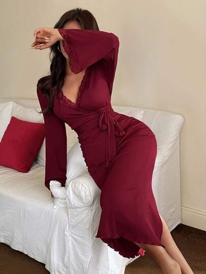 SHEIN فستان نوم نسائي مطرز بالدانتيل مع ربطة الخصر وأكمام متسعة