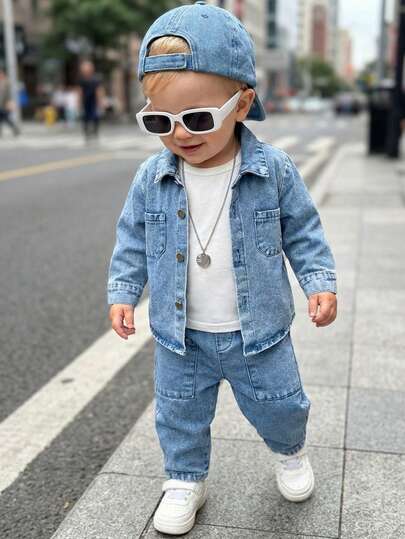 SHEIN Playful Pals ملابس أولاد رضع مع بنطال، غسل أزرق فاتح بطراز شارع جريء معاصر، ملابس ربيعية وخريفية