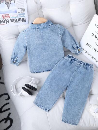 SHEIN Playful Pals ملابس أولاد رضع مع بنطال، غسل أزرق فاتح بطراز شارع جريء معاصر، ملابس ربيعية وخريفية