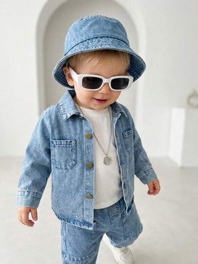 SHEIN Playful Pals ملابس أولاد رضع مع بنطال، غسل أزرق فاتح بطراز شارع جريء معاصر، ملابس ربيعية وخريفية