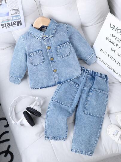 SHEIN Playful Pals ملابس أولاد رضع مع بنطال، غسل أزرق فاتح بطراز شارع جريء معاصر، ملابس ربيعية وخريفية