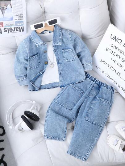 SHEIN Playful Pals ملابس أولاد رضع مع بنطال، غسل أزرق فاتح بطراز شارع جريء معاصر، ملابس ربيعية وخريفية