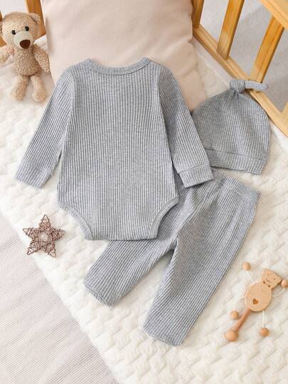 SHEIN Vintaside Kids طقم رومبير رومبر وقبعة للأطفال حديثي الولادة، بتصميم نمط كرتوني جميل، قماش ناعم ومريح، مناسب للملابس اليومية للأطفال
