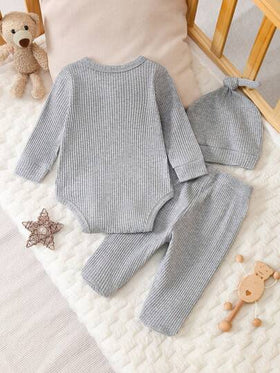 SHEIN Vintaside Kids طقم رومبير رومبر وقبعة للأطفال حديثي الولادة، بتصميم نمط كرتوني جميل، قماش ناعم ومريح، مناسب للملابس اليومية للأطفال