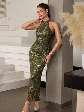 Modelyn فستان فاخر مطرز بالترتر ذو قصة ضيقة للنساء