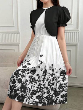 SHEIN مجموعة فستان مطبوع بالزهور مع كارديجان مطوي 2 قطعة للبنات المراهقات، أنيقة وجديدة لموسم الصيف