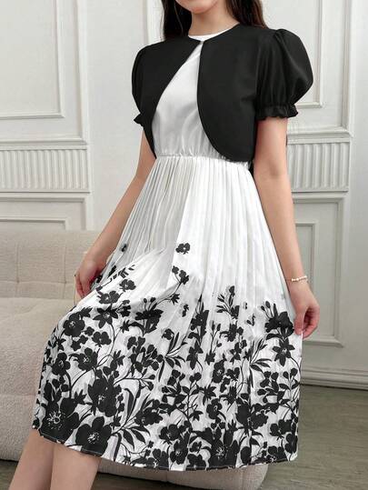 SHEIN مجموعة فستان مطبوع بالزهور مع كارديجان مطوي 2 قطعة للبنات المراهقات، أنيقة وجديدة لموسم الصيف