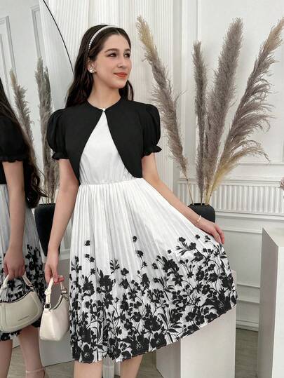 SHEIN مجموعة فستان مطبوع بالزهور مع كارديجان مطوي 2 قطعة للبنات المراهقات، أنيقة وجديدة لموسم الصيف