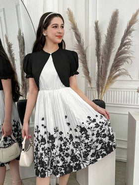 SHEIN مجموعة فستان مطبوع بالزهور مع كارديجان مطوي 2 قطعة للبنات المراهقات، أنيقة وجديدة لموسم الصيف