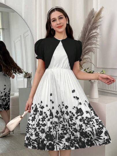 SHEIN مجموعة فستان مطبوع بالزهور مع كارديجان مطوي 2 قطعة للبنات المراهقات، أنيقة وجديدة لموسم الصيف