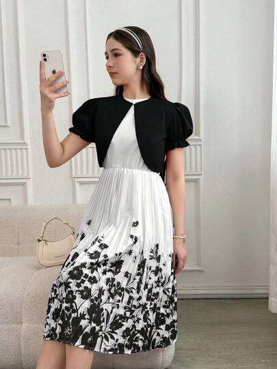 SHEIN مجموعة فستان مطبوع بالزهور مع كارديجان مطوي 2 قطعة للبنات المراهقات، أنيقة وجديدة لموسم الصيف