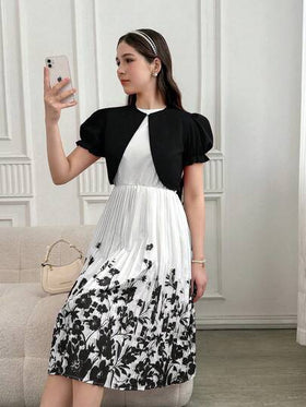 SHEIN مجموعة فستان مطبوع بالزهور مع كارديجان مطوي 2 قطعة للبنات المراهقات، أنيقة وجديدة لموسم الصيف