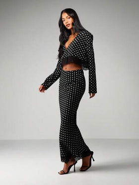 MISSGUIDED مجموعة قطعتين منسقة مع نقاط البولكا وتشطيب من الدانتيل، توب أمامي بأزرار وتنورة ماكسي خصر عالي