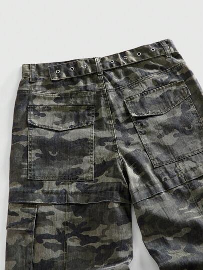 ROMWE MEN Grunge Punk بنطلون جينز كاجوال بجيوب وحزام بطبعة الكاموفلاج للرجال