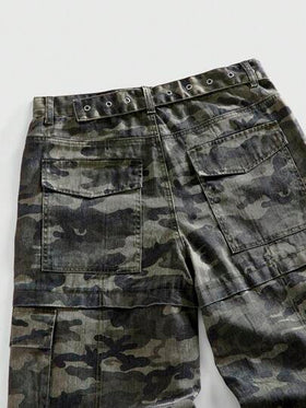ROMWE MEN Grunge Punk بنطلون جينز كاجوال بجيوب وحزام بطبعة الكاموفلاج للرجال