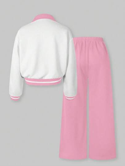 SHEIN ChillGRL مجموعة بنطلون وجاكيت بنات مراهقات من HYPEME، جاكيت بيسبول بياقة زر وطباعة حرفية، بنطلون واسع مخطط، ملابس يومية مريحة، مناسبة للخريف والشتاء