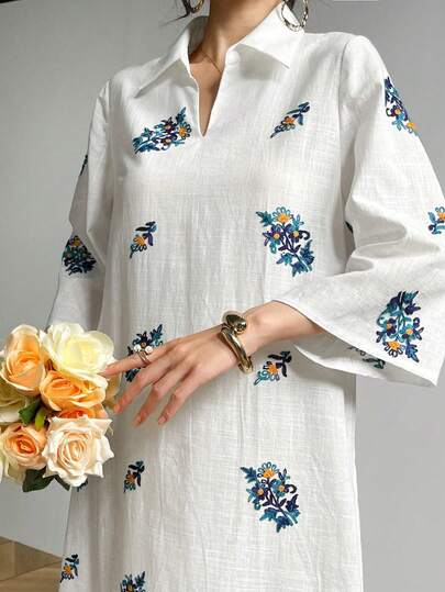 Modelyn رمضان فستان كاجوال مطرز بالعروة مع طوق