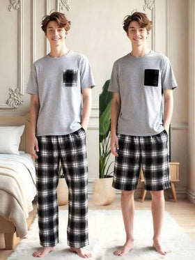 SHEIN 3 قطعة/مجموعة ملابس علوية كم قصير بتصميم مربعات رمادي بسيط للمراهقين، بنطلون مربعات، شورت مربعات، ملابس كاجوال مريحة للمدرسة، قماش ناعم متعدد الاستخدامات للارتداء اليومي، المدرسة، الخروجات، الرياضة الخارجية، العطلات، المنزل
