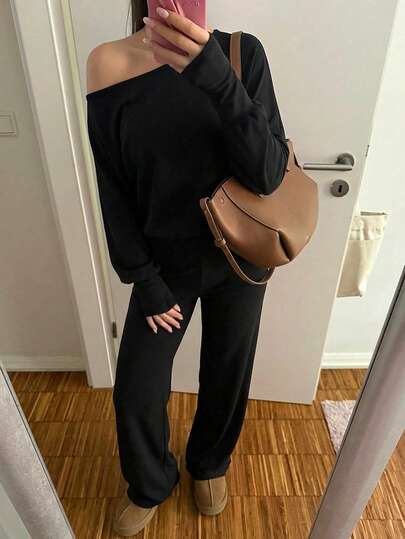 SHEIN EZwear سروال قصير أنيق بأكمام طويلة بقصة رقبة غير متماثلة وبلون سادة للنساء