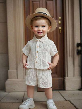 SHEIN Vintaside Kids ملابس أطفال حديثي الولادة إلى عام واحد، بلوزة أكمام قصيرة لون المشمش وطقم شورت، قماش ذو ملمس مناسب لارتداء الأطفال في الصيف، يضيف ملمسًا وجودة إلى الملابس