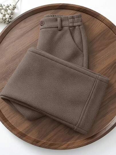 Franclia سروال نسائي عريض الساق بخصر عالي من خليط الصوف ذو تصميم كتلة اللون والنسيج المتشابك، مناسب للخريف والشتاء