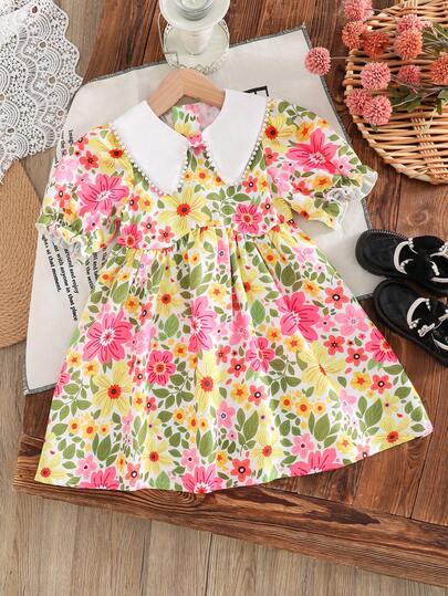 Emery Rose Kids فستان أنيق بطبعات زهرية مع ياقة مكسرة وأكمام منتفخة مناسب للفتيات، فستان زهري أنيق بياقة بيتر بان