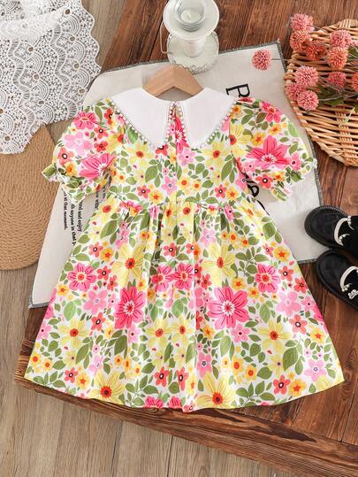 Emery Rose Kids فستان أنيق بطبعات زهرية مع ياقة مكسرة وأكمام منتفخة مناسب للفتيات، فستان زهري أنيق بياقة بيتر بان